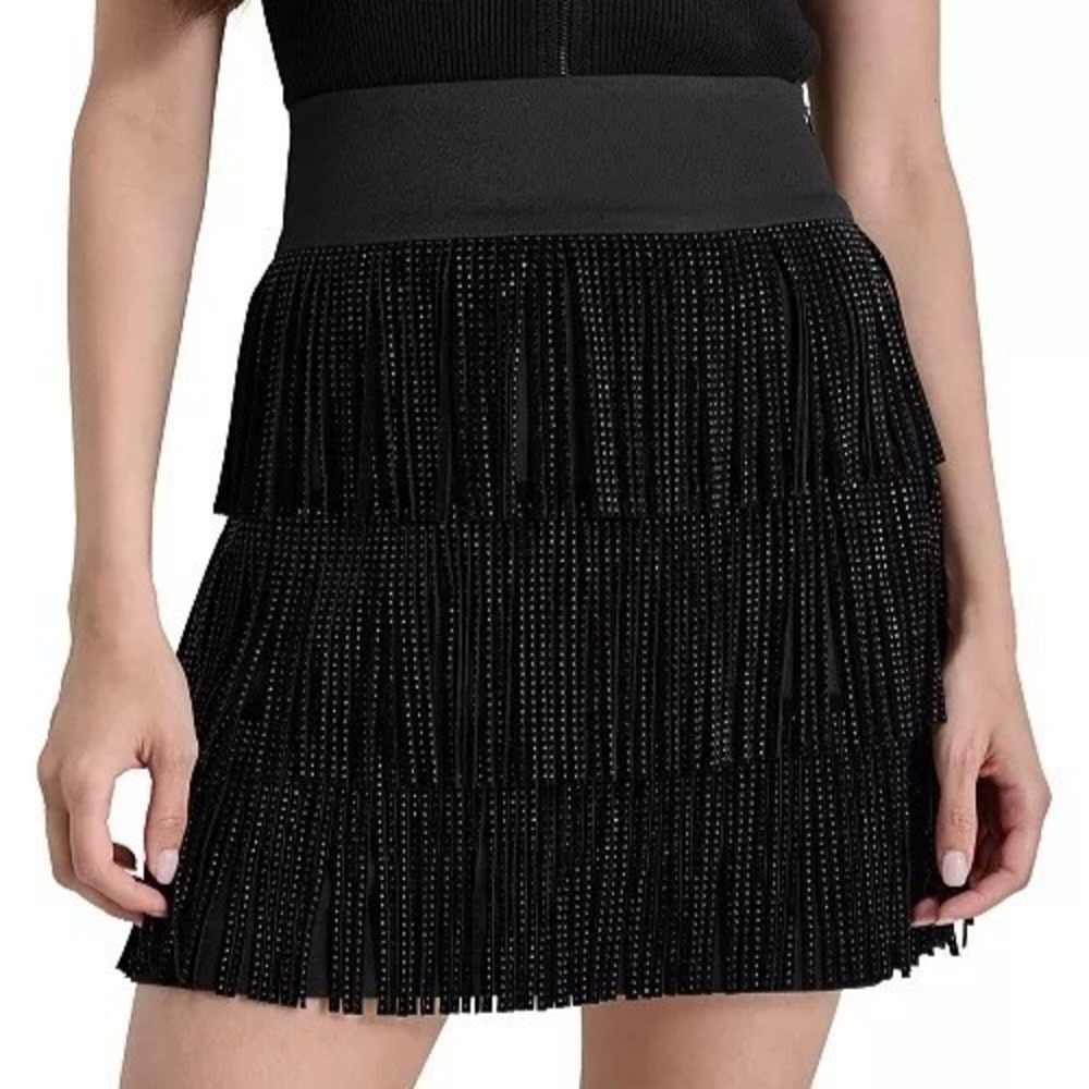 DKNY Studded Fringe Mini Black Pull On High Waist Skirt Womens Size 2 NWT